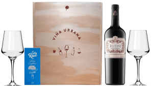 Rutini Cabernet Malbec, 2x Copas Y Chocolate en caja de Madera