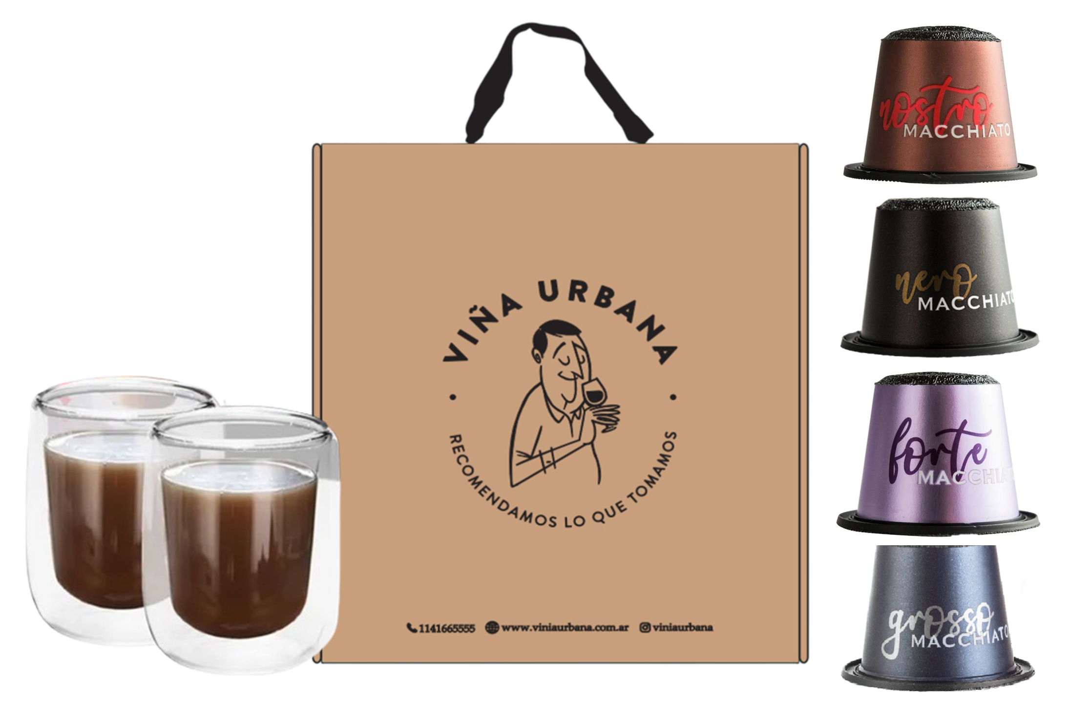 Café Macchiato Variedades Intensas + 2 Tazas Doble Vidrio en Estuche para Regalo