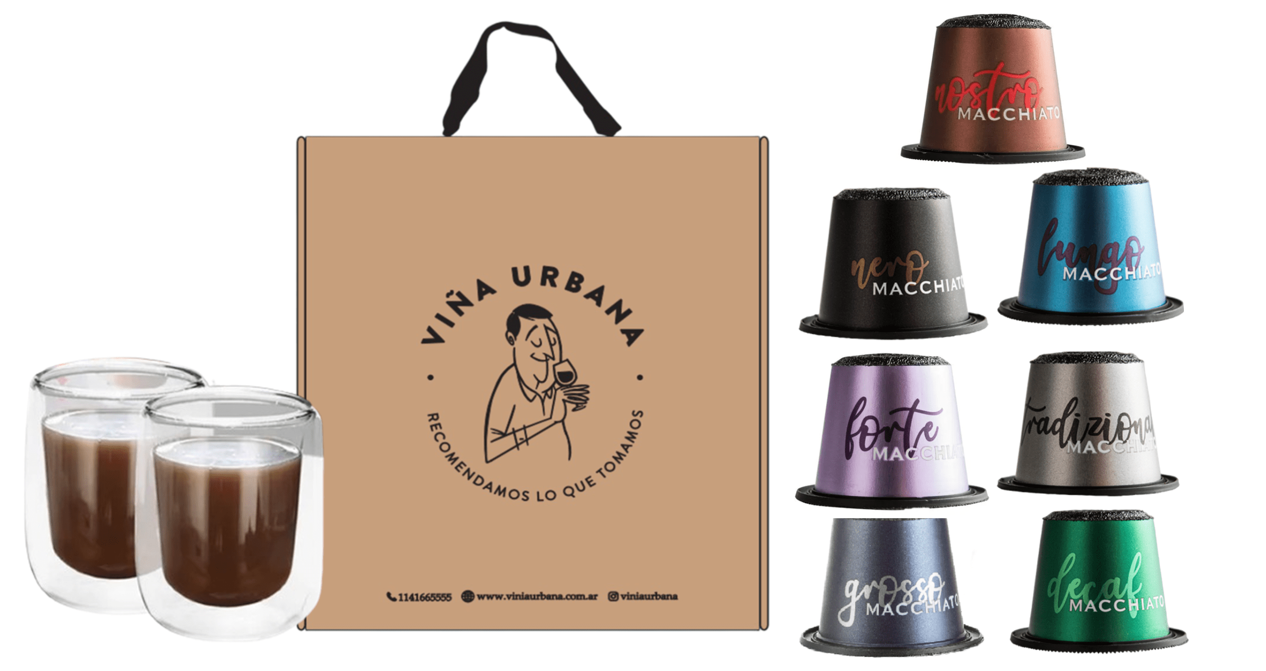 Café Macchiato X 7 Variedades + 2 Tazas Doble Vidrio Macchiato X 120ML